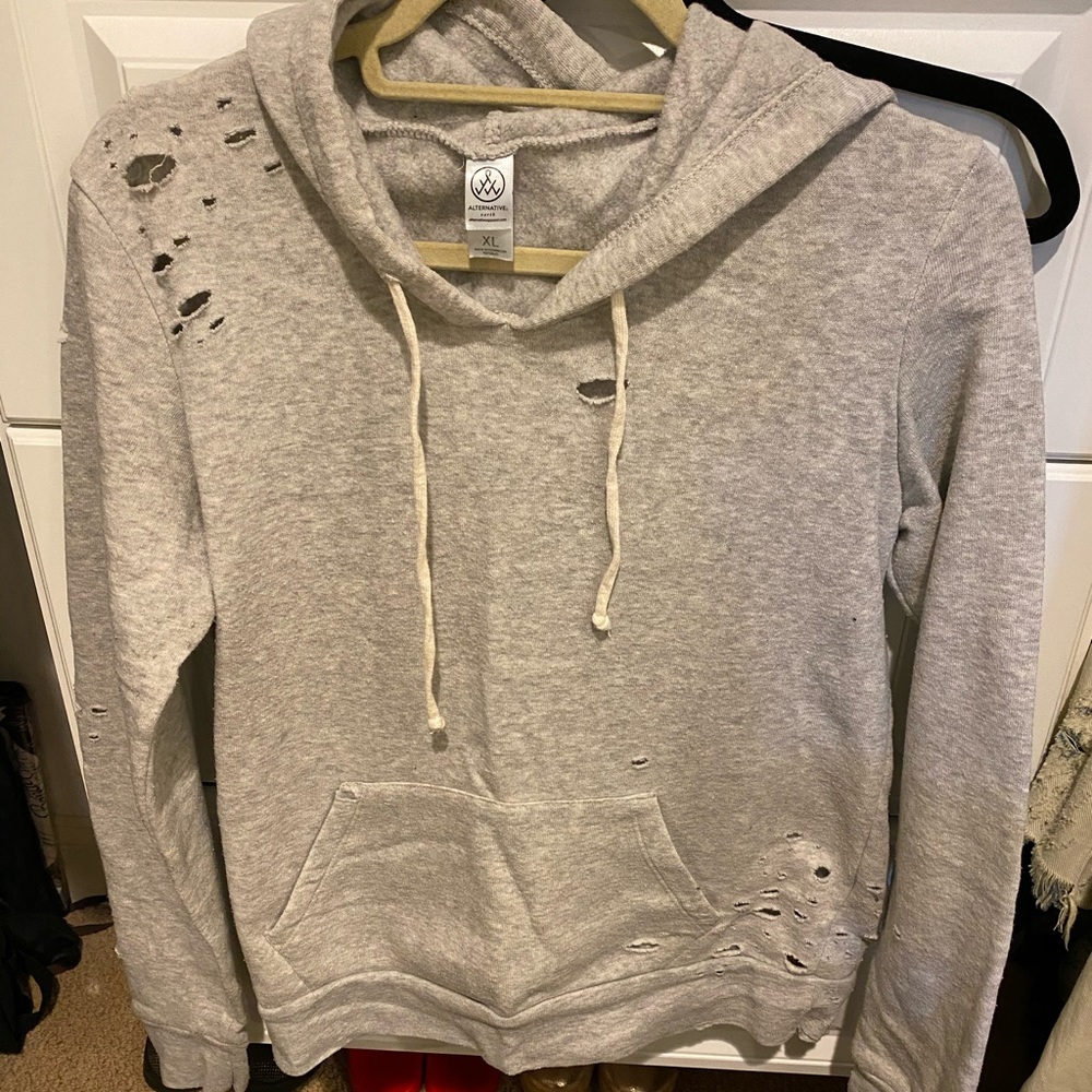 Alternative Apparel Ripped Hooded Grey Sweatshirt